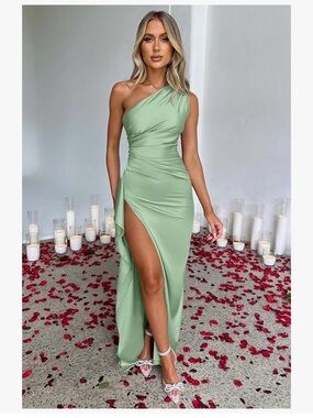 One-Shoulder Sage Green Evening Dress with High Slit